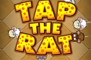 Teksten Tap the Rat med illustrationer af tegneserierotte i brune, grå og hvide farver på en ternet baggrund