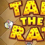 Teksten Tap the Rat med illustrationer af tegneserierotte i brune, grå og hvide farver på en ternet baggrund