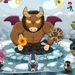 En stor, muskuløs tyr med horn og vinger står i midten omgivet af figurer med forskellige våben og magiske evner på en isdækket platform