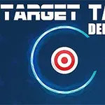 Blå baggrund med teksten Target Tap Deluxe og et rødt og hvidt mål i midten omgivet af en lysende cirkel