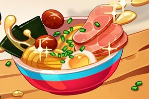 En tegneseriestil skål med ramen, indeholdende nudler, skiver af kød, æg, tang, og purløg på toppen