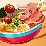 En tegneseriestil skål med ramen, indeholdende nudler, skiver af kød, æg, tang, og purløg på toppen