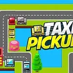Illustration af et farverigt vejnet med biler, træer og bygninger samt teksten Taxi Pickup i midten