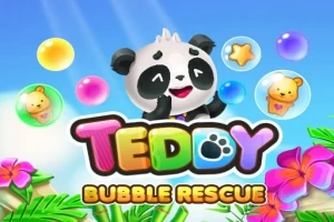 En glad panda omgivet af farverige bobler og blomster med teksten Teddy Bubble Rescue