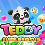 En glad panda omgivet af farverige bobler og blomster med teksten Teddy Bubble Rescue