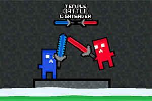 To firkantede figurer, en blå og en rød, kæmper med lyssværd på en platform med teksten Temple Battle Lightsaber ovenfor
