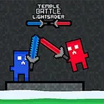 To firkantede figurer, en blå og en rød, kæmper med lyssværd på en platform med teksten Temple Battle Lightsaber ovenfor