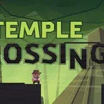 En cartoonfigur med hat står på en platform foran teksten Temple Crossing med en tempelbaggrund i grønne nuancer
