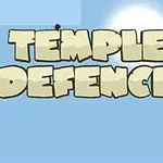 Blå baggrund med teksten Temple Defence i store, beige bogstaver og en lysende sol bagved