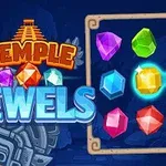 Farverige ædelsten arrangeret i et gitter med ordet Temple Jewels i baggrunden