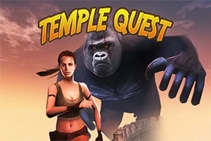 Kvinde med fletning og en gorilla i baggrunden med teksten Temple Quest øverst