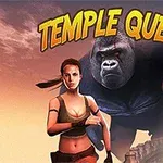 Kvinde med fletning og en gorilla i baggrunden med teksten Temple Quest øverst
