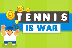 Tegneseriefigur i tennistøj holder en ketsjer med teksten Tennis Is War og guldmønter flydende omkring