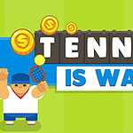 Tegneseriefigur i tennistøj holder en ketsjer med teksten Tennis Is War og guldmønter flydende omkring
