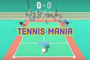 To tennisfigurer på en bane med teksten TENNIS MANIA og tilskuere i baggrunden