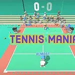 To tennisfigurer på en bane med teksten TENNIS MANIA og tilskuere i baggrunden