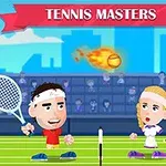 To tegnede tennisspillere, en mand og en kvinde, spiller tennis med en flammende bold på en tegneserieagtig tennisbane