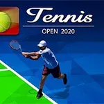 Illustration af en tennisspiller på en farverig tennisbane med teksten Tennis Open 2020 øverst