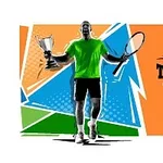 En silhuet af en person i grønt sportstøj med en tennisracket og en pokal i hånden foran et farverigt geometrisk baggrundsmønster