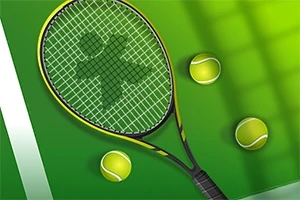 Tennisbane med en tennisketsjer og tre gule tennisbolde på en grøn baggrund