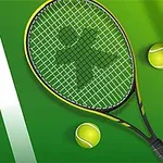 Tennisbane med en tennisketsjer og tre gule tennisbolde på en grøn baggrund