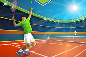 To tennisspillere på en farverig tennisbane, hvor den ene server bolden under en klar, solrig himmel