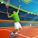 To tennisspillere på en farverig tennisbane, hvor den ene server bolden under en klar, solrig himmel