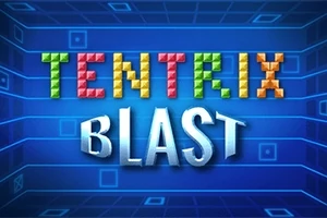 Farverige blokbogstaver staver TENTRIX BLAST på en blå baggrund med geometriske linjer og firkanter