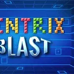 Farverige blokbogstaver staver TENTRIX BLAST på en blå baggrund med geometriske linjer og firkanter