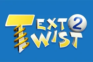 Gult og hvidt logo med teksten Text Twist 2 på en blå baggrund