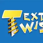 Gult og hvidt logo med teksten Text Twist 2 på en blå baggrund