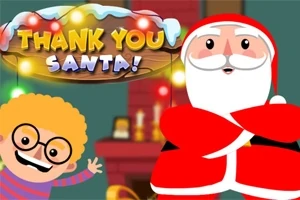 Julemanden og et smilende barn med krøllet hår foran en pejs, med teksten Thank You Santa!