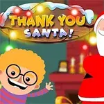 Julemanden og et smilende barn med krøllet hår foran en pejs, med teksten Thank You Santa!