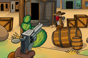 En tegnet western-scene med en mand bag en tønde, der sigter mod en pistol i forgrunden