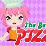 Lyserødhåret figur med kokkehue ved siden af teksten The Best Pizza på en lilla mønstret baggrund