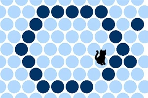 En sort silhuet af en kat omgivet af en cirkel af mørkeblå prikker på en baggrund af lyseblå prikker
