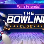 Bowlingkegler svæver foran en digital bowlingbane med teksten The Bowling Club i midten og With Friends!