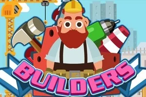 En tegneseriefigur med hjelm og værktøjer i baggrunden, herunder en hammer og boremaskine, med ordet BUILDERS i forgrunden