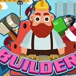En tegneseriefigur med hjelm og værktøjer i baggrunden, herunder en hammer og boremaskine, med ordet BUILDERS i forgrunden