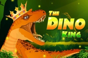 En orange dinosaur med krone, omgivet af grønne planter, og teksten The Dino King