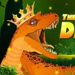 En orange dinosaur med krone, omgivet af grønne planter, og teksten The Dino King