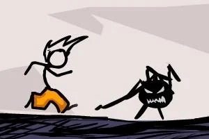 The Fancy Pants Adventure: World 1 En stregtegnet person med orange bukser løber fra en tegnet mørk væsen med et vredt ansigt, i en simpel og abstrakt stil
