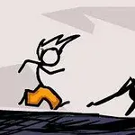The Fancy Pants Adventure: World 1 En stregtegnet person med orange bukser løber fra en tegnet mørk væsen med et vredt ansigt, i en simpel og abstrakt stil