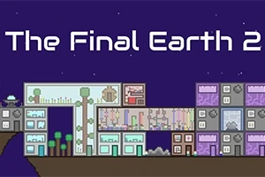 Pixelkunst viser en futuristisk by med forskellige bygninger mod en stjerneklar nattehimmel