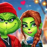 To grønne, animerede figurer iført vintertøj står sammen med hjerter mellem dem, baggrund med juletræ og stjerner