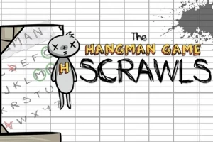En hængt tegneseriefigur ved siden af teksten The Hangman Game Scrawls på en baggrund af ternet papir