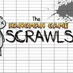 En hængt tegneseriefigur ved siden af teksten The Hangman Game Scrawls på en baggrund af ternet papir