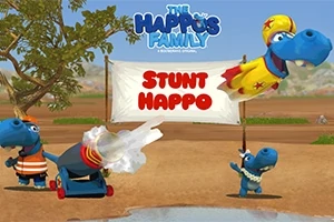 Tegnefilmflodheste med farverige kostumer udfører et kanonstunt foran et banner med teksten Stunt Happo i et naturlandskab