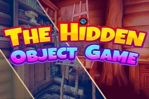 Farverig tekst med The Hidden Object Game oven på en opdelt baggrund af et gammelt træinteriør med bøger og en stige