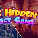 Farverig tekst med The Hidden Object Game oven på en opdelt baggrund af et gammelt træinteriør med bøger og en stige